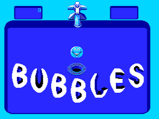 The title screen features the word 'BUBBLES' in large white capital letters centered on a bright blue background. Above the text, two small blue bubbles float vertically, with a white cross or plus-sign icon at the top. Two purple rectangular shapes appear in the upper corners of the screen. The overall design uses a simple, flat color palette typical of early 1980s arcade graphics.