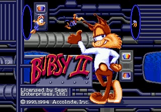 The title screen displays a large orange cartoon cat character positioned in the center-right, wearing white gloves and striking a dynamic pose against an industrial blue and gray background with horizontal striped panels. The word 'BUBSY' appears in bold red lettering below the character. In the upper left corner, a small portrait icon of the cat's face is visible. Copyright and licensing text reading 'Licensed by Sega', 'Accolade, Inc.', and '© 1993, 1994' appears at the bottom of the screen in white text. The overall aesthetic uses 16-bit sprite graphics with a limited color palette dominated by blues, oranges, grays, and reds.
