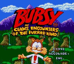 The title screen displays large red "BUBSY" text at the top, with yellow subtitle text reading "CLAWS ENCOUNTERS OF THE FURRED KIND" below it. A cartoon cat character with white fur and red nose is centered in the lower portion, arms outstretched. The background features a blue sky with white clouds, purple mountains, and green rolling terrain with brown tree stumps. Copyright text "©1992 ACCOLADE INC." appears in the lower right corner. The overall aesthetic uses bright primary colors and 16-bit sprite artwork typical of early 1990s platform games.
