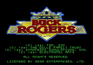 The title screen displays a large red and gold logo reading 'BUCK ROGERS' centered on a black background, flanked by blue geometric wing shapes. Below the logo sits a smaller shield emblem. Copyright text in green appears at the bottom, listing TSR Inc., Strategic Simulations Inc., and Sega Enterprises as rights holders, dated 1991. The overall design uses a retro sci-fi aesthetic with symmetrical gold trim framing the central elements.