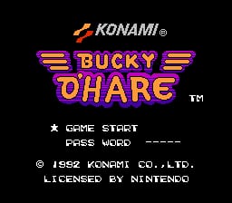 The title screen features the Konami logo in the upper left, followed by large purple and orange letters spelling 'BUCKY O'HARE' in a stylized arcade font with winged side graphics. Below are menu options: 'GAME START' and 'PASS WORD' in white text. Copyright information appears at the bottom in small white text stating '© 1992 KONAMI CO.,LTD.' and 'LICENSED BY NINTENDO'. The background is solid black, typical of NES-era title screens.