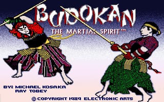 The title screen displays large pixelated sprite artwork of two martial artists in fighting poses against a dark blue background. On the left, a character in red and black performs a high kick, while on the right, a character in green and burgundy assumes a defensive stance. White text reading "BUDOKAN THE MARTIAL SPIRIT" appears at the top in a stylized font. Below the artwork, credits list "BY: MICHAEL KOSAKA RAY TOBEY" and a copyright notice for 1989 Electronic Arts. The pixel art uses a limited color palette typical of late 1980s DOS graphics.