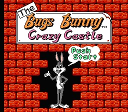 The title screen displays 'The Bugs Bunny Crazy Castle' logo in orange and yellow lettering at the top center, set against a red brick background. Below the title, Bugs Bunny's character sprite stands in the center in black and white outline, mid-pose with one arm raised. A green speech bubble containing 'Push Start' appears to the right of the character. The entire scene uses a simple 8-bit pixel art style typical of NES games, with a solid brick wall texture filling the background.