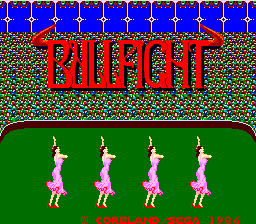 The title screen displays "BULLFIGHT" in large red pixelated letters at the top center. Below on a green ground plane stand four identical pink-clothed matador figures arranged in a horizontal line, each in a standing pose with raised arms. The background consists of a blue sky with brown pixelated texture representing grass or terrain, creating a simple arcade-style composition typical of early 1980s game design.