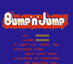 The title screen displays 'Bump 'n Jump' in large white letters with orange jagged borders at the top of a dark blue background. Below the logo, red text shows HI and SCORE values of 000000 and 050000 respectively. Further down, copyright information reads '© 1988 UK DATA INC' and 'LICENSED FROM DATA EAST CORP.' followed by 'LICENSED BY NINTENDO' in red pixelated text. The overall visual style is characteristic of 8-bit NES graphics with a limited color palette of blue, orange, white, and red.