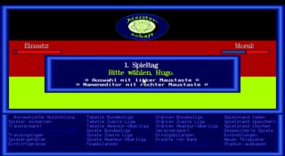 A DOS-era menu screen with a blue border frame displays the Bundesliga Manager interface. At the top sits a circular emblem, with red header bars labeled "Periode" on the left and "Monat" on the right. Below is a blue-bordered central panel titled "1. Spieltag" containing white text with match information and a date stamp. The lower portion features a bright yellow-green band, with multiple columns of small blue text listing detailed match statistics and league information arranged in a grid format against a dark blue background.
