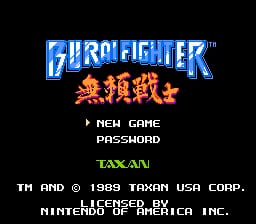 The title screen displays "BURAI FIGHTER" in large blue pixelated letters at the top, with red Japanese characters below. A menu shows three options: "NEW GAME", "PASSWORD", and "TAXAN" in white text. The bottom of the screen contains copyright information: "TM AND © 1989 TAXAN USA CORP." and "LICENSED BY NINTENDO OF AMERICA INC." in small white letters. The background is solid black, typical of 8-bit NES title screens.