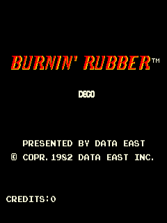 The title screen displays 'BURNIN' RUBBER' in large orange italicized text at the top. Below it sits 'D520' in white lettering. The screen shows white text stating 'PRESENTED BY DATA EAST' and '© CORP. 1982 DATA EAST INC.' in the center portion. At the bottom, white text reads 'CREDITS:0'. The background is solid black, characteristic of early 1980s arcade game title screens.
