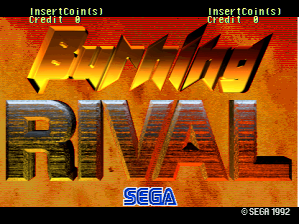 The title screen displays 'Burning Rival' in large golden metallic letters against an orange-brown textured background with flame effects. Above the title, a stylized black silhouette of a motorcycle rider leans dramatically. The SEGA logo appears in blue text at the bottom center, with a copyright notice reading '© SEGA 1992' to its right. Insert coin prompts appear in yellow text at the top left and right corners. The overall aesthetic uses a warm color palette dominated by oranges and golds with high contrast black elements.
