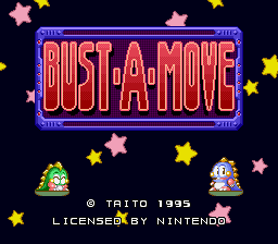 The title screen displays "BUST-A-MOVE" in large red and blue neon-style lettering centered on a dark blue starfield background. Two bubble-shooting dragon characters appear in the lower portion—a green dragon on the left and a white dragon on the right—flanked by pink and yellow stars scattered across the screen. Copyright text reading "© TAITO 1995" and "LICENSED BY NINTENDO" appears in white at the bottom center. The overall aesthetic uses 16-bit sprite graphics with a nighttime carnival or arcade theme.