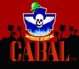 A red background dominates the screen with a central emblem featuring a white skull with green hair and blue winged shape behind it. Two palm tree silhouettes flank the emblem on each side in black. Below the emblem is a red banner with yellow text, and the large red title text 'CABAL' appears at the bottom with a trademark symbol. The overall composition uses a 1990s 8-bit aesthetic with limited color palette and pixelated elements typical of NES-era title screens.