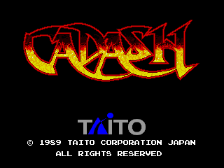 The title screen displays 'CADASH' in large red and yellow pixelated lettering at the top center against a black background. Below the title, the Taito logo appears in blue and white. Copyright text reading '© 1989 TAITO CORPORATION JAPAN' and 'ALL RIGHTS RESERVED' is centered at the bottom in white text. The overall composition is symmetrical with the logo and text centered vertically on the screen.