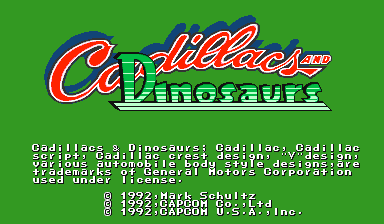 The title screen displays the Cadillacs and Dinosaurs logo in red and yellow text with a green dinosaur head graphic on a solid green background. Below the logo, white text lists copyright and licensing information for Capcom, Rocket Science Games, and General Motors Corporation from 1992-1993. At the bottom, additional attribution text appears in smaller font with copyright dates.