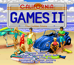 The title screen displays 'CALIFORNIA GAMES II' in large blue letters beneath a yellow banner reading 'CALIFORNIA' and 'The Golden State'. A blue Volkswagen Beetle sits center-right on a beach scene with sand and water. Characters in colorful sports attire stand around the vehicle—one in red on the left, one in yellow-green in the center, and one in green on the right. The background shows a clear sky with white clouds. Text credits appear below the main graphic in smaller print. The overall art style uses low-resolution 16-bit pixel graphics with a bright, summery color palette of blues, yellows, reds, and sandy tones.