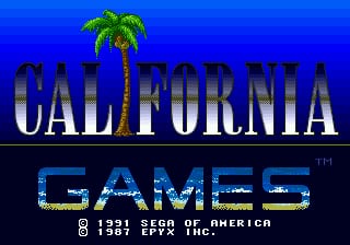 The title screen displays "CALIFORNIA GAMES" in large blue pixelated letters across the center, with a green palm tree graphic positioned above the text. A solid blue vertical bar separates the title from a black band below containing "GAMES" in smaller blue letters. At the bottom, white text reads "© 1991 SEGA OF AMERICA" with a trademark symbol. The background is a solid blue gradient, and all text uses a distinctive pixelated 8-bit font typical of early 1990s Sega Genesis graphics.