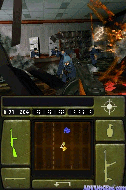A top-down perspective of an indoor military facility in flames. The upper half shows a 3D first-person view of soldiers and fire consuming a room with furniture and shelving. The lower half displays a tactical overhead map grid with weapon icons, player position markers, and compass directions. A heads-up display at the very top shows numerical counters for ammunition and health, typical of early Nintendo DS-era first-person shooter UI design with brown and olive-green color filtering.