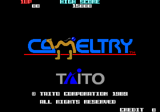 The title screen displays the word 'CAMELTRY' in large blue pixelated letters with a tan-colored camel character standing on top of the text. Below it reads 'TAITO' in white text, followed by a copyright notice stating '© TAITO CORPORATION 1989' and 'ALL RIGHTS RESERVED'. At the bottom right corner, the word 'CREDIT' appears in small white text. The background is solid black, and the text uses a standard arcade-era pixel font in cyan, white, and tan colors.
