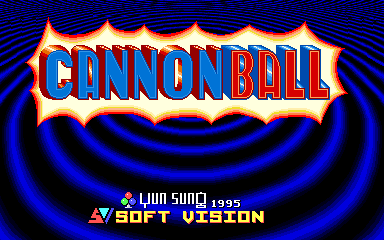 The title screen displays 'CANNON BALL' in large blue and orange letters with a glowing effect against a black background featuring concentric blue curved lines creating a tunnel-like pattern. Below the title, white text reads 'LION SONG 1995' and 'SOFT VISION', indicating the developer credits. The entire screen uses a high-contrast color scheme of blue, orange, and white typical of mid-1980s arcade aesthetics, with pixel-based typography and a symmetrical, hypnotic background design.