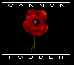 The title screen displays the word CANNON at the top and FODDER at the bottom in white capitals against a black background. Centered between them is a large red poppy flower with green stem rendered in high-contrast red and dark shading. The flower is the primary visual focus, presented as a detailed sprite with petals and a darker center.