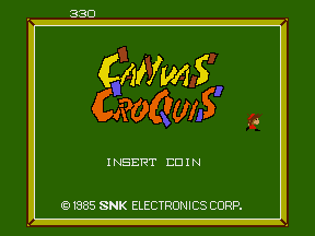 The title screen displays 'CANVAS CROQUIS' in large, colorful pixelated letters centered on a solid green background, with a small red pixel graphic in the upper right. Below the title, white text reads 'INSERT COIN'. A yellow rectangular border frames the entire screen. Copyright information at the bottom states '© 1985 SNK ELECTRONICS CORP.' A score display showing '330' appears in the upper left corner.