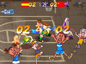A basketball court viewed from above shows five cartoon characters in bright primary colors positioned around the court. A large yellow "02" score indicator appears in the center-left, with a red "02" on the right. The top of the screen displays Spanish and Chinese flag icons with score numbers "28" and "02" respectively. A basketball hoop is visible at the top center. The characters have exaggerated facial features and are rendered in a colorful 2D sprite style typical of late 1990s arcade games. A Capcom logo appears in the upper left corner.