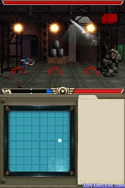 The top screen displays a 3D third-person action scene with Captain America standing in an industrial interior lit by overhead lamps and spotlights. Enemy figures and red markers are visible on the ground. A red health or status bar spans the top of the screen, with a circular icon and numerical display in the upper right corner. The bottom screen shows a blue grid-based tactical map with a white circular indicator representing the player's position. Both screens are framed within the NDS dual-screen interface.
