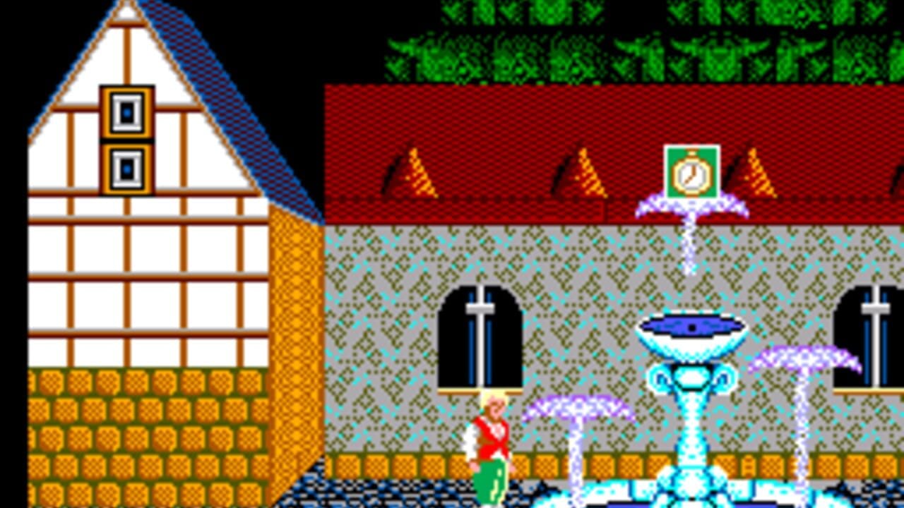 A small character in red and green stands in front of a stone building with arched doorways and crosses, flanked by ornamental fountains with cyan basins and purple water sprays. A large half-timbered structure with diamond-patterned shutters occupies the left side. The building features red tiled roofing with golden spires, a green compass emblem at its peak, and a yellow brick foundation. Pixelated 8-bit sprite graphics and a flat perspective typical of early SMS platformers define the visual style.