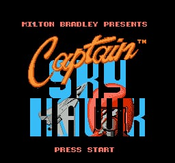 The title screen displays 'Milton Bradley Presents' in orange text at the top, followed by the large 'Captain Skyhawk' logo in orange and blue letters. Below the title, the gray text 'PRESS START' appears at the bottom of the screen against a black background. The logo uses a mix of pixelated NES-era sprite graphics with an 8-bit color palette typical of early 1990s console games.