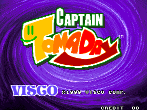 The title screen displays the Captain Tomaday logo prominently in the center, with yellow and red lettering against a swirling purple background with concentric circular patterns. The Visco Corporation copyright notice appears at the bottom left in purple text, while a credit counter showing "CREDIT 00" is positioned in the bottom right corner. The overall composition uses a vibrant color palette of purples, yellows, and reds typical of late-1990s arcade graphics.