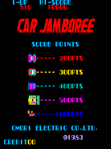 The title screen displays 'CAR JAMBOREE' in large red pixelated letters centered on a black background. Below the title, a cyan 'SCORE POINTS' header introduces a legend of six colored car icons with corresponding point values: magenta car 200pts, yellow car 300pts, cyan car 400pts, yellow/white car 500pts, and red car 10000pts. At the bottom, cyan text reads 'OMORI ELECTRIC CO.,LTD.' with copyright information and the year '1953' in white.