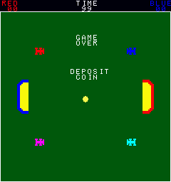 A game-over screen displays "GAME OVER" and "DEPOSIT COIN" text centered on a green background. At the top, a red score labeled "RED" appears on the left and blue score on the right, with "TIME" in the center. Two pixelated cars occupy the lower half—a yellow and red striped vehicle on the left side and a red and yellow striped vehicle on the right side, positioned as if facing each other across the screen. A small yellow circle sits between them near the bottom center. Magenta and cyan text labels appear in the lower corners, likely indicating player designations.