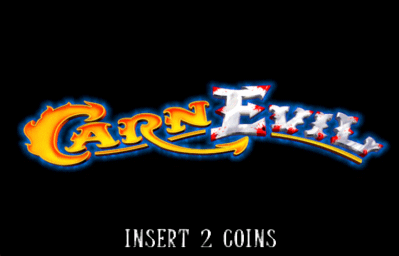 The CarnEvil logo dominates the center in large orange and blue stylized lettering with yellow flame effects. Below it, white text reads 'INSERT 2 COINS' against a solid black background. The logo uses a carnival-themed font style with curved, flowing letterforms typical of 1990s arcade game title screens.