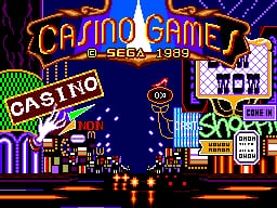 The title screen displays "CASINO GAMES" in large orange neon-style lettering at the top center. A nighttime cityscape with neon signs fills the background, including green and red "CASINO" signage on the left side and various illuminated storefronts. A cartoon character in white clothing stands on the right side. The scene uses a dark blue sky with yellow horizontal lines suggesting city lights. Pixel-art style graphics with bright primary colors dominate the 8-bit visual presentation.