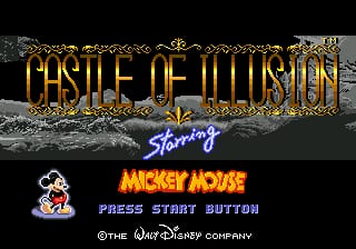 The title screen displays "CASTLE OF ILLUSION" in large gold letters at the top with a stone wall background. Below sits "Starring" in blue script, followed by the Mickey Mouse logo in red and yellow. A pixel art Mickey Mouse sprite appears in the lower left corner. Text reading "PRESS START BUTTON" is centered in white, with "©THE WALT DISNEY COMPANY" in small text at the bottom. The overall color palette uses blacks, golds, grays, and primary colors typical of early Sega Genesis graphics.