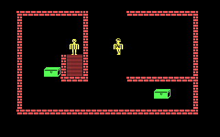 A top-down maze layout with red brick walls forms two connected chambers. A green armed guard sprite stands in the left chamber near a red door structure, while a yellow soldier sprite appears in the right chamber. A second green guard sits in the bottom-right corner. The entire playfield is bordered by a thick red brick frame against a black background, displaying the game's early 1980s pixel art style with limited color palette.