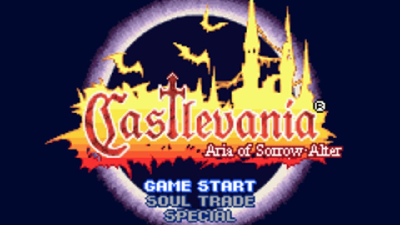 A title screen displays the Castlevania: Aria of Sorrow Alter logo in red and yellow text, centered above a gothic castle silhouette with bats flying across a purple-glowing moon against a dark blue background. Below the logo, three menu options appear in blue text: GAME START, SOUL TRADE, and SPECIAL. The overall composition uses a yellow starburst border effect framing the castle and title artwork.