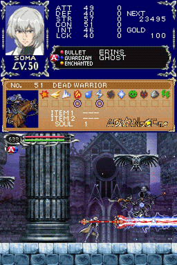 The screen displays a split-panel battle interface for Castlevania: Dawn of Sorrow. The top half shows character stats with a white-haired protagonist portrait on the left, numerical values for S.I, CON, INT, and LUCK listed vertically, and a menu bar indicating NEXT, GOLD, and a value of 495. Below this is a status row showing BULLET, ECTUS, and SHADOW KNIGHT with ENCHANT designation. The bottom half features an 8-bit sprite character standing in a gothic stone chamber with a barred window, purple ambient lighting, and enemy creatures with orange projectile effects visible on the right. A numbered grid selector appears at the bottom of the screen, typical of DS touch-screen item management.