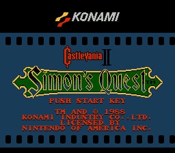 The title screen displays a Konami logo at the top, followed by a red Castlevania banner and yellow-green outlined text reading 'Simon's Quest' against a dark blue background. Below the title, red text lists control instructions including 'PUSH START KEY', 'A BUTTON', and 'KONAMI INDUSTRY CO., LTD.' copyright information. A film strip border with dark perforations frames the upper and lower edges of the screen, characteristic of NES-era graphics.