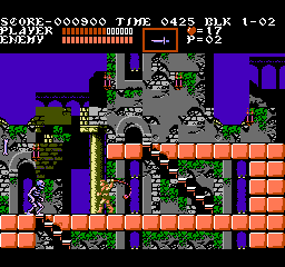 A side-scrolling level displays the protagonist wielding a whip in the center-left area, surrounded by gray stone platforms and orange brick architecture. The top displays a score counter, time remaining (0425), and HUD elements including health bars in yellow and red. Purple backgrounds fill the upper portions while platforms extend across the screen with green vegetation and darker architectural details. The color palette consists primarily of grays, oranges, purples, blacks, and greens rendered in low-resolution NES-era sprites.