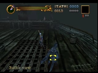 A character in blue armor stands on a narrow wooden bridge or platform in a dark, fortress-like interior. The viewpoint is from behind and above the character. The HUD displays "BATTLE GOOD" with "GOLD 00000" and a health bar reading "00" in the top right. "Battle Start" text appears in the lower left corner. The environment uses dark gray and brown textures with visible polygonal architecture typical of N64 graphics. Distant structures are visible in the shadowed background.