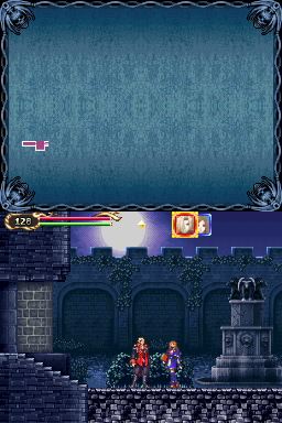 A sprite-based castle interior scene shows two pixelated characters standing on a stone platform in the lower-middle portion of the screen. Blue-gray castle stonework and arched doorways form the background, with a staircase visible on the left side. The top half displays a textured blue-green upper area. A black decorative border frames the entire image. The HUD at the bottom contains a health bar on the left, a bright glowing effect in the center, and an orange square icon on the right against a dark blue pixelated background suggesting a nighttime cityscape.