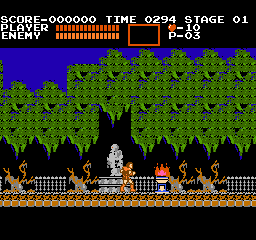 A player character stands in the center-lower portion of a castle courtyard level, surrounded by green foliage and brown stone architecture above. The HUD displays a score of 000000, time of 0294, stage 01, health bar in yellow and red, and enemy count P-03 in the upper left. The sprite-based foreground shows a tiled stone floor and wooden fence segments, while pixelated trees and castle walls create the background against a blue sky. The graphics use the characteristic 8-bit NES color palette with bold oranges, greens, and browns.