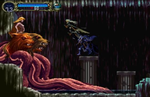A large crimson tentacled creature with a bestial head occupies the left side of the screen against a dark background with vertical streaks. A blue-armored skeletal figure stands on a stone pillar on the right. The upper left displays a health bar and the number 60. The sprite art uses a detailed pixel style with warm and cool color contrasts against a black void background.