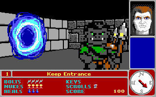A first-person dungeon view displays a blue magical projectile effect on the left side of the corridor, with a robed enemy figure visible in the center. The bottom interface shows a red status bar labeled 'Keep Entrance' with player stats including health and mana counts, a compass rose on the right, and a character portrait in the upper right corner. The corridor features gray stone brick walls extending into the distance with pixelated sprite-based graphics typical of early 1990s DOS games.