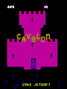 A magenta and cyan pixelated castle structure dominates the center of a black background, with the yellow text 'CAVELON' overlaid on its lower section. A small flag protrudes from the castle's top-center. Cyan crosshair markers appear at four points on the castle walls. White text reading '© 1983 JETSOFT' appears in the lower-right corner, with small blue numerical indicators visible at the bottom edge. The entire scene uses a limited 8-bit color palette typical of early 1980s arcade hardware.