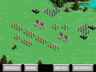 A top-down tactical battlefield displays multiple columns of Roman soldiers arranged in formation across green striped terrain, interspersed with cavalry units and black enemy forces. At the bottom, a black UI panel contains four command buttons labeled ORDERS, DONE, MELEE, and RETREAT in white text. Trees and water features appear in the upper corners, rendered in low-resolution 16-bit sprite graphics with a muted brown, green, and cyan color palette typical of early Sega Genesis strategy games.