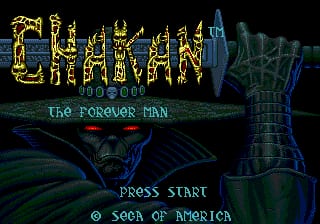 The title screen displays "CHAKAN" in large yellow pixelated lettering at the top, with "the FOREVER MAN" subtitle in smaller green text below. A tall stone tower structure occupies the right side of the screen, rendered in blue and dark green colors against a black background. Below the tower, menu text reads "PRESS START" and "SEGA OF AMERICA" in white font. The overall visual style uses 16-bit sprite graphics with a dark fantasy aesthetic.