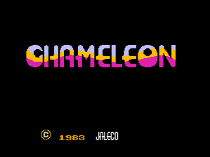 The title screen displays "CHAMELEON" in large, colorful pixelated letters with a gradient effect transitioning through yellow, pink, and blue hues against a black background. Below the title, copyright and developer information reads "© 1988 JALECO" in orange and white text. The overall composition is centered and symmetrical, using the 8-bit arcade aesthetic typical of early 1980s game presentations.