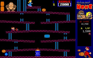 A platformer level displayed in 8-bit pixel art features a monkey character in the upper-left area navigating multiple horizontal brown platforms connected by blue ladders against a black background. The right side shows a score panel with "CHAMP Kong" branding, displaying current score 25800 and lives remaining. An orange barrel appears in the lower-left corner, while a smaller character sprite waits at the bottom-center platform. The stage layout consists of five visible platform rows stacked vertically with ladder connections, rendered in pink and blue outlines typical of early 1990s DOS-era graphics.