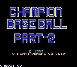 The title screen displays "CHAMPION BASE BALL PART-2" in large blue pixelated letters with yellow outlines against a black background. Below the title, the developer credit reads "© ALPHA DENSHI CO., LTD." in smaller white text. At the bottom left corner, "CREDIT 00" appears in white text. The entire layout uses a simple arcade-style presentation with minimal graphics, typical of early 1980s arcade games.